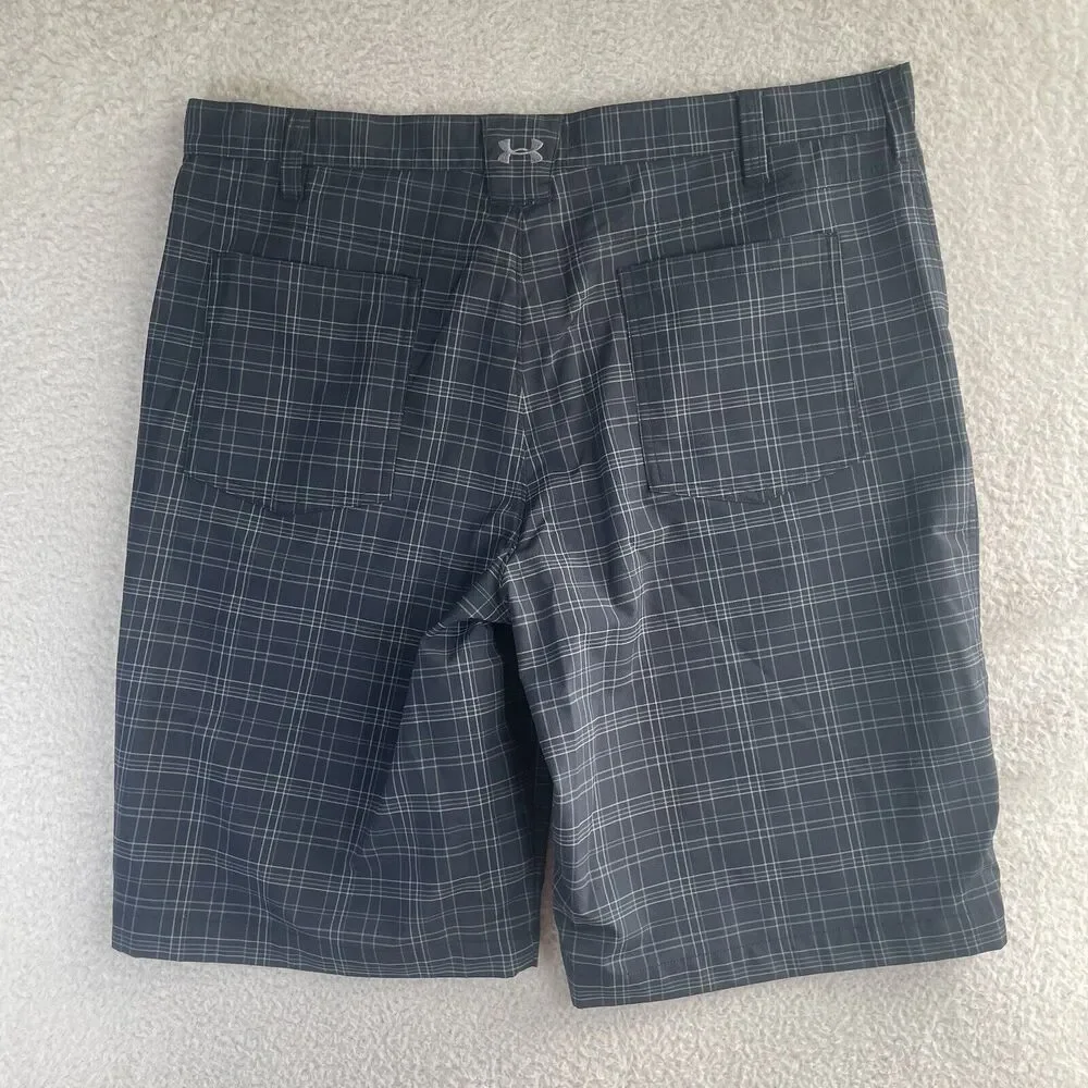 Under Armour Golf Shorts Mens Sz 38 Black Check Chino Flat Front Performance